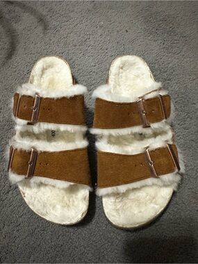 Birkenstock Shearling-Lined Double Strap Slides in Brown and Cream